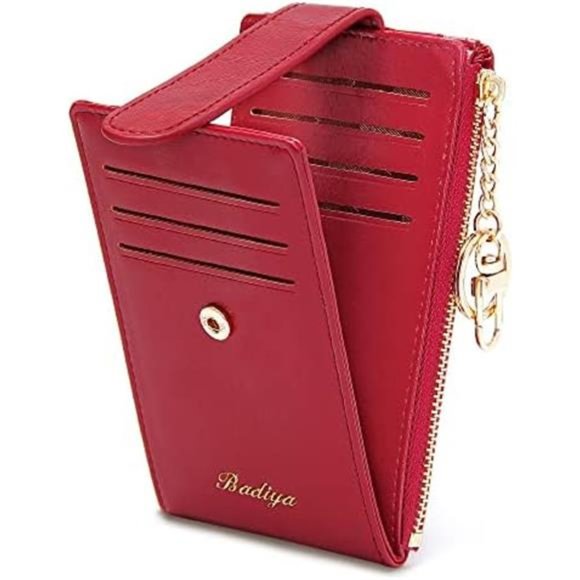 Handbags - RFID Card Holder Wallet for Women Slim Wallets Oil Wax- Red & Key Chain